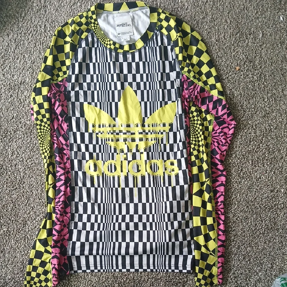 Adidas Jeremy Scott Checkered Long Sleeve Shirt - Yellow, Pink, Black - Picture 1 of 8